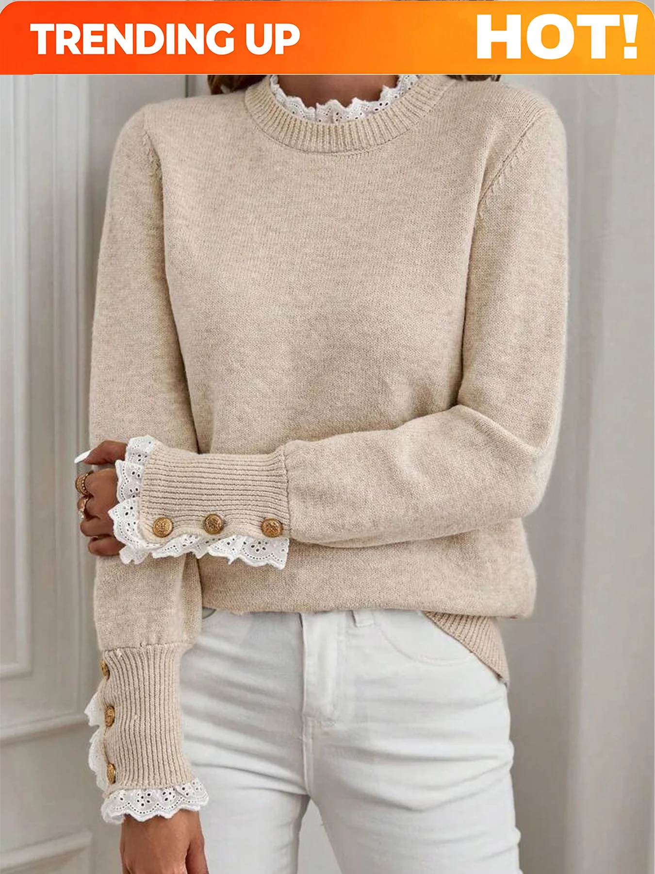 Customization Women's Long Sleeve Knitted Sweater Lace Decoration Round Neck Autumn Winter Warm Fashionable Casual Knitwear