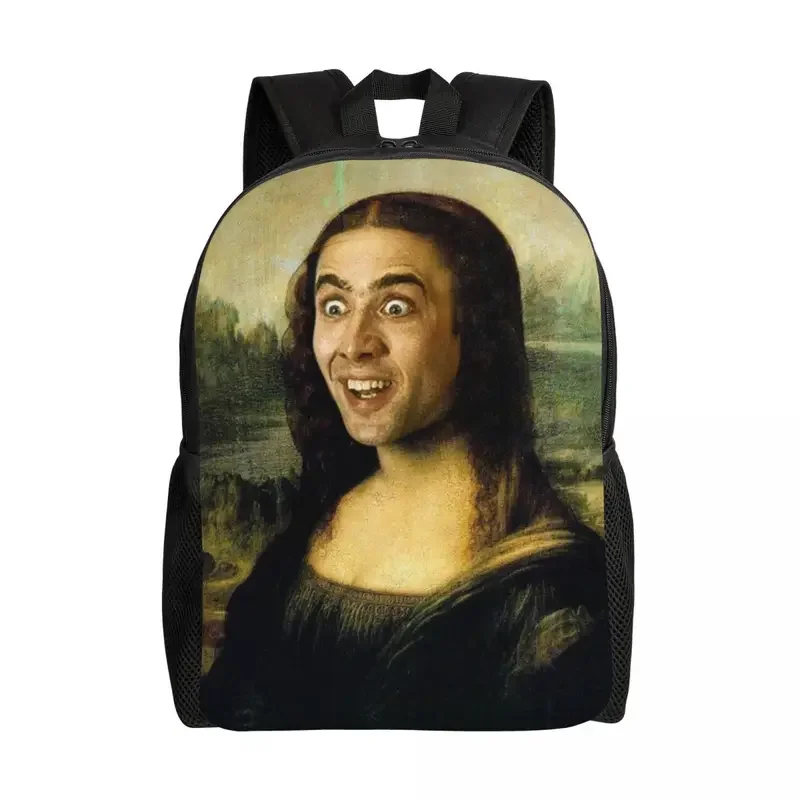 남녀공용 Nicolas Cage Mona Lisa 재미있는 밈 여행 배낭, 학교 컴퓨터 책가방, 대학생 데이팩 가방