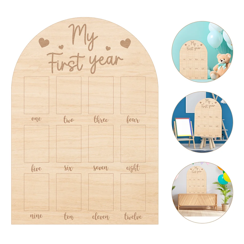 Baby First Year Photo Board - Wooden Milestone Display 30x42.3cm, 12 Monthly Slots, Heart Design, Natural Wood Nursery Decor