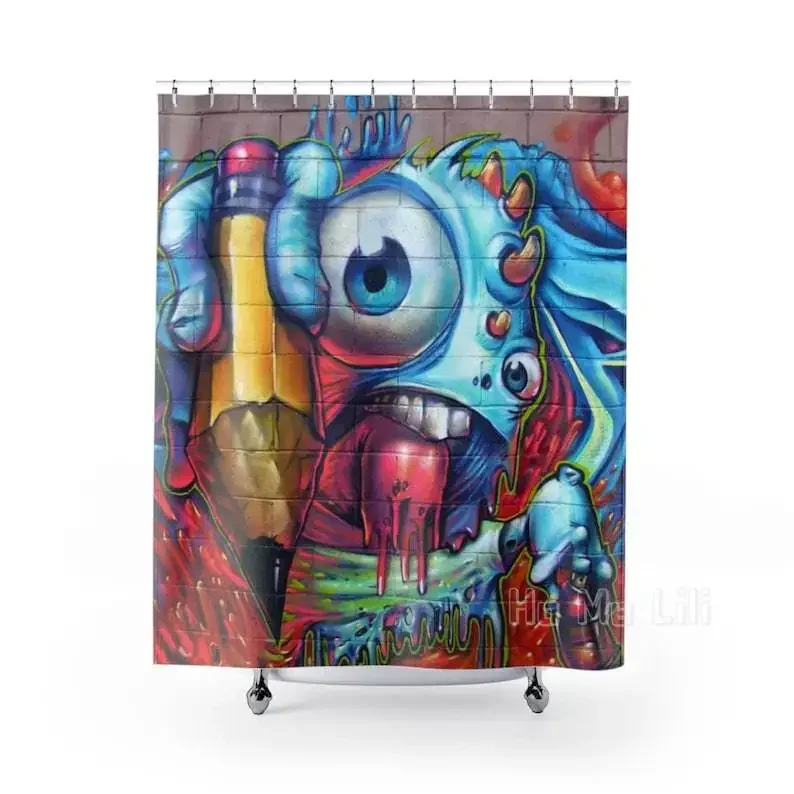 Decor Shower Curtain Doodle On Wall Urban Street Art With Spray Paint Underground Theme