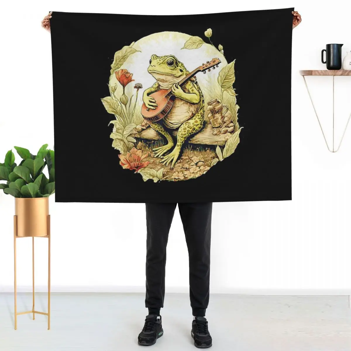 Frog Playing Banjo On Log, Funny Cottagecore Aesthetic Frog With Musical instrument Throw Blanket Warm funny gift Blankets