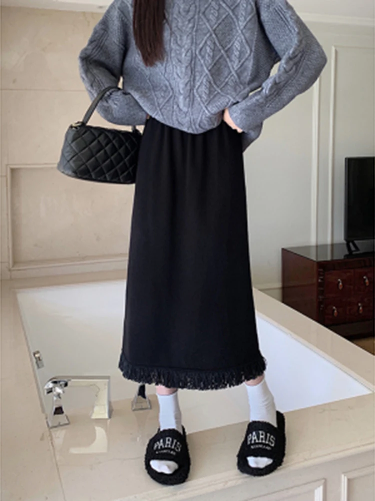 Y2K Corduroy Skirt Women Thickened Tassel Back Slit Casual Half Skirt Versatile New