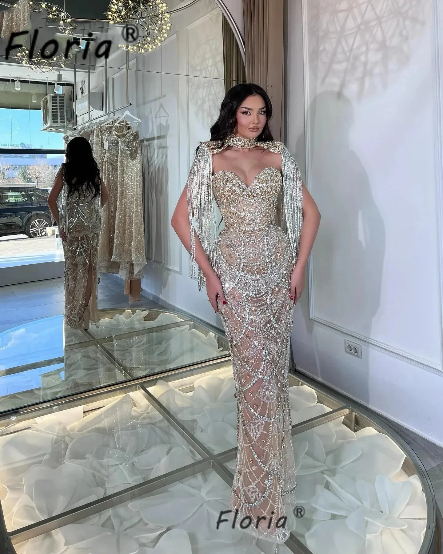 Heavy Beads Couture Mermaid Evening Dresses With Long Tassels Stunning Crystal Stones Celebrity Party Gowns Wedding Guest Robes