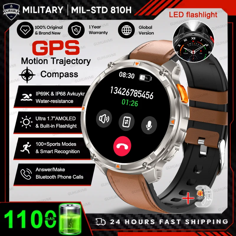 2026 HOT Nieuwe Sport Smartwatch 1100mAh Grote Batterij Duurzaam Kompas 10ATM Waterdicht Tactisch 170+ Sporten BT Oproep Smartwatch Heren