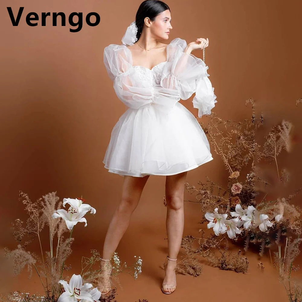 

Verngo Long Puff Sleeves Sweetheart Ball Gown Organza Lace Bone Mini Evening Dress Lace Up Wedding Party Dress