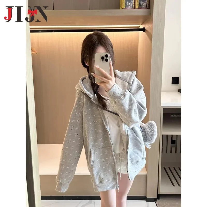 2024 Autumn and winter models Women's hooded Coat Rabbit bow print Loose Casual Korean Lazy wind Grey Cardigan Zip Jacket