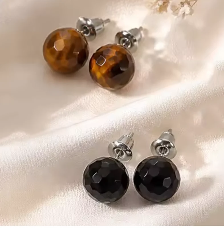 CSJA Natural Stone Earrings Stainless Steel Stud Earring Crystal Amethyst Faceted Bead for Women Charms Fashion Jewelry H893