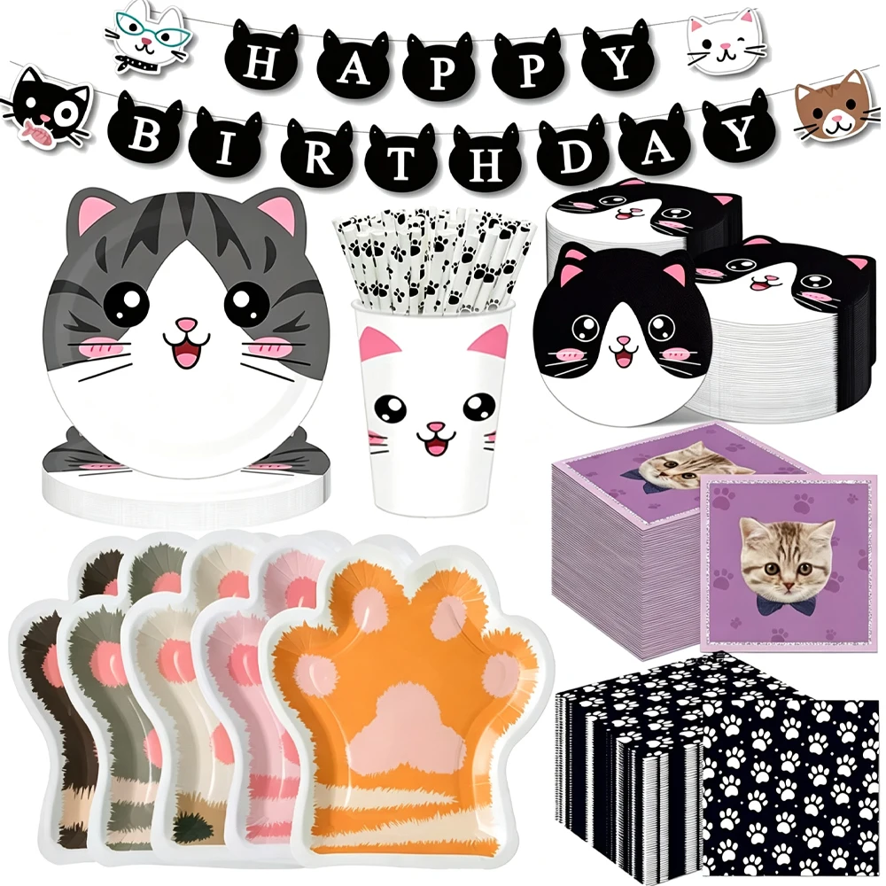 Katze Geburtstag Party Teller Servietten Tassen Liefert Geschirr Set Einweg Papier Katze Thema Dekorationen für Kinder Geburtstag Party – Detail 2
