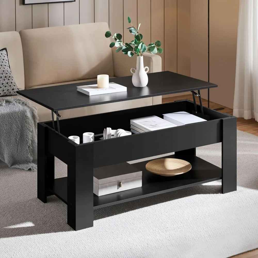 Elevating top coffee table with hidden compartments and storage shelves, used for living room reception, black