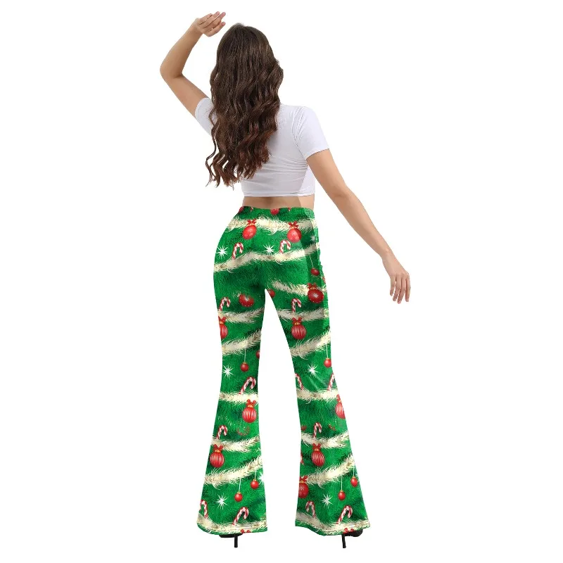 Pantalones navideños para mujer, pantalones acampanados con estampado de caramelo verde, pierna acampanada, fiesta, moda, arte digital, pantalones de pierna ancha