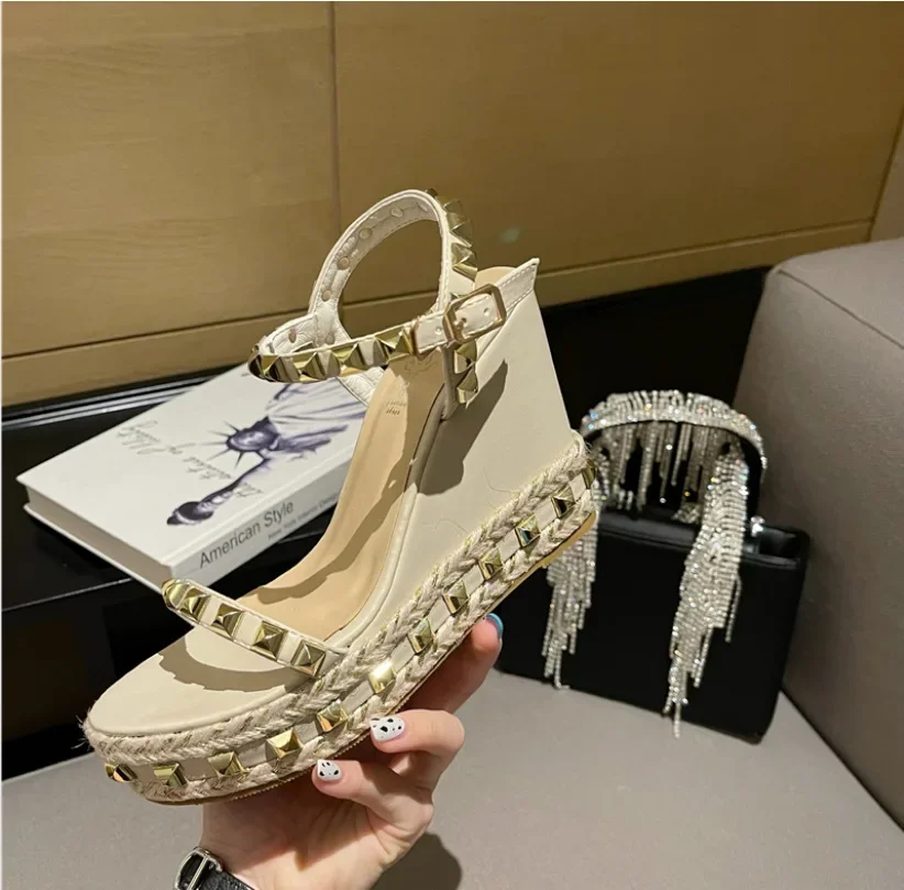 Women\'s Sandals Platform Party Office Pumps PU 12CM Wedges Summer Buckle Strap One Character Strip Rivet Model Show Women Shoes