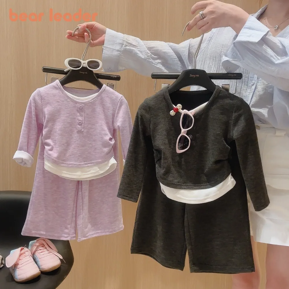 

Bear Leader 2025 Girls' Set Korean Version Solid Color Fashion Casual Children's Clothing Autumn Long Sleeve T-shirt Top+Pants