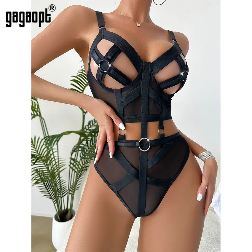 Gagaopt One-Piece Bandage Bodysuit Women Exotic Black Skinny Lace Bodysuit Back Open Sexy Body Femme Clubwear