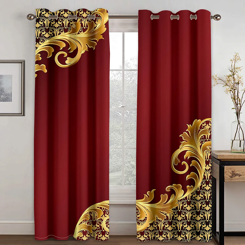 2 Pcs Red Gold European Floral Curtains Luxury Print Living Room Bedroom Study Sun Shade Curtains Vintage Style Home Decoration