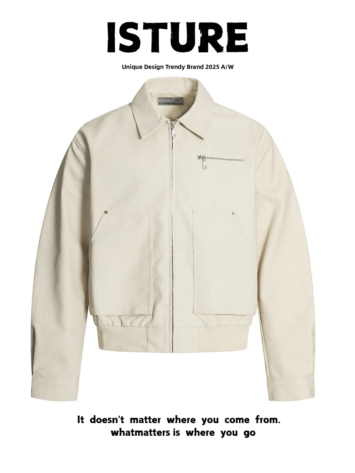 

Retro American Khaki Twill Stand Collar Harlan Jaet Men Women Heavyweight Multi ket Workwear Leather Jaet Polyester