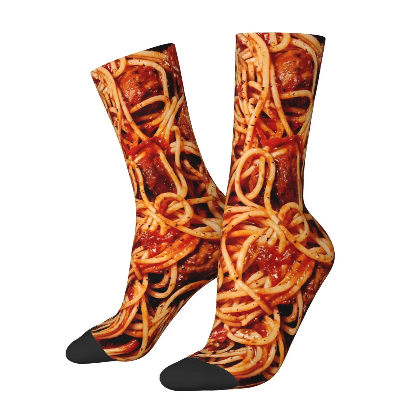 A Pair of Unisex Outdoor Socks Featuring a Pasta Pattern Mid-Calf Length Machine Washable, Suitable for Outdoor Sports