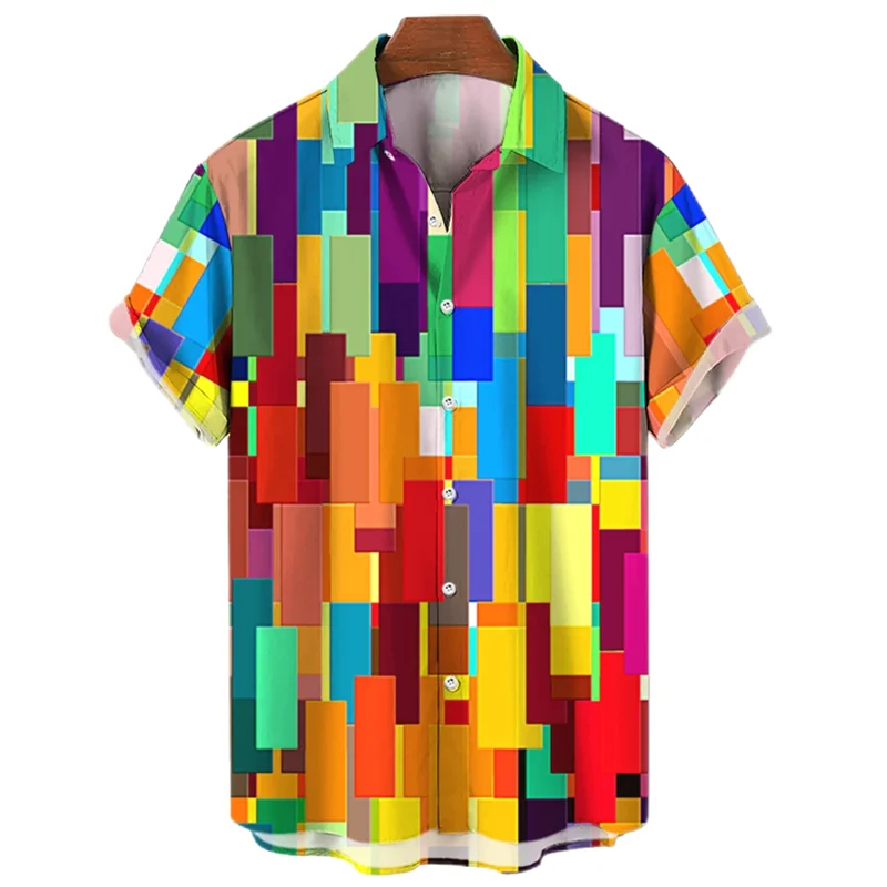 Funny Puzzle Design Short Sleeve Shirts For Men Clothes Colorful Joint Female Blouses Splicing Block Kids Lapel Blouse Y2k Tops