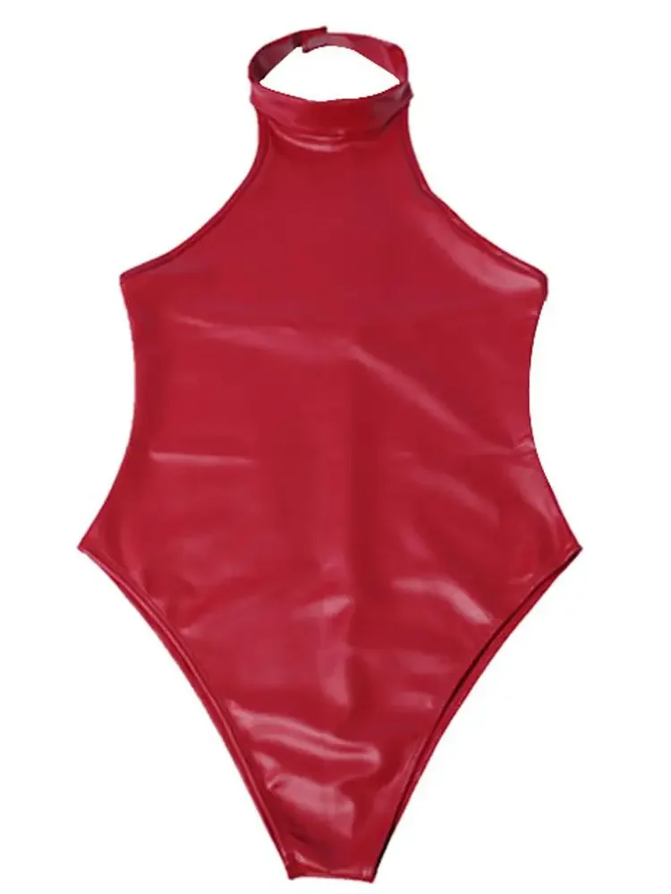 PU Couro Backless Látex Bodysuit, Olhar Molhado, PVC Swimsuit, Brilhante Couro PU, Fechar Virilha, Apertado, Sexy Cosplay, Parte Superior do Corpo, Bodysuit