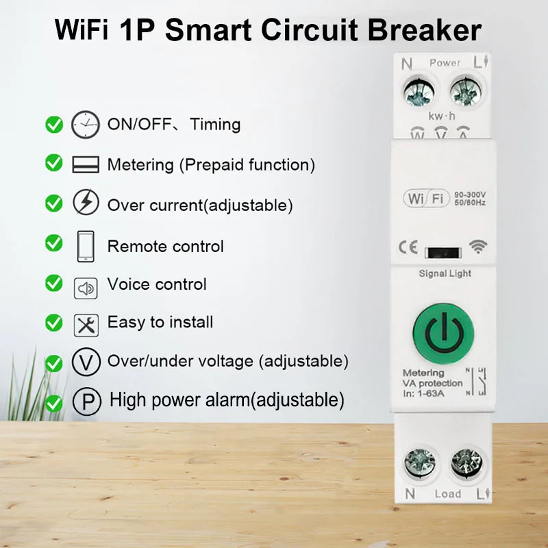 Interruttore automatico intelligente WiFi Tuya con timer interruttore 63A contatore di energia monitor KWH protezione da sovraccarico supporta Alexa Google Home