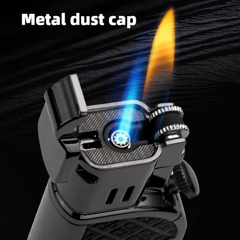 Creative Grinding Wheel Double Flame Lighter, Direct Injection + Open Flame Butane Gas Lighter, with Cigar Drill