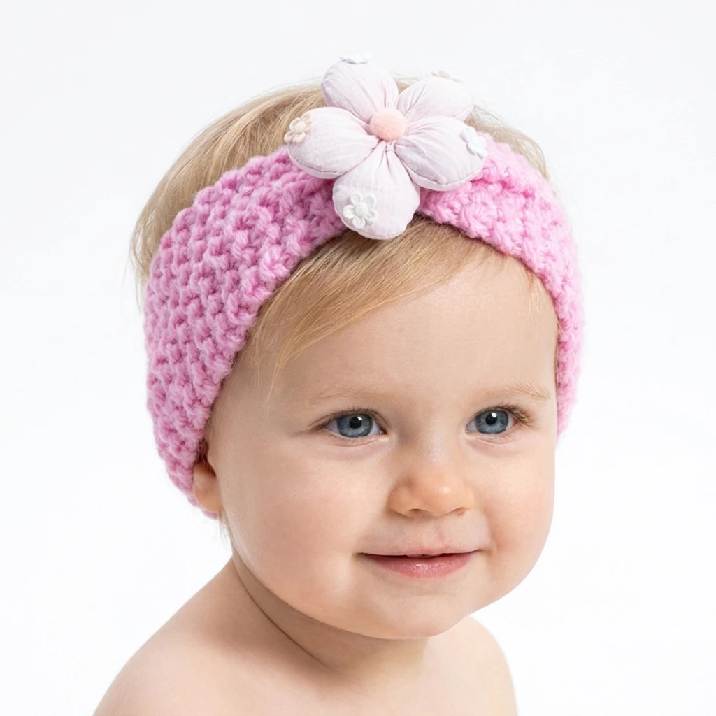 Baby-Woll-Stirnband mit niedlichen Blumen, gestrickte Baby-Kopfbedeckung, warmes Haar-Accessoire für Kinder im Herbst und Winter.