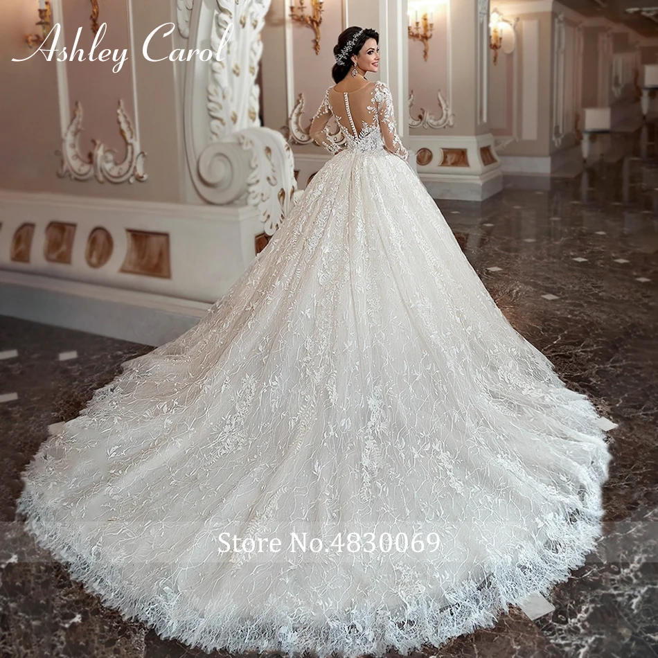 Ashley Carol Ball Gown Wedding Dress Long Sleeve Lace Bride Dresses Luxury Beaded Appliques Bridal Gown Vestidos De Novia