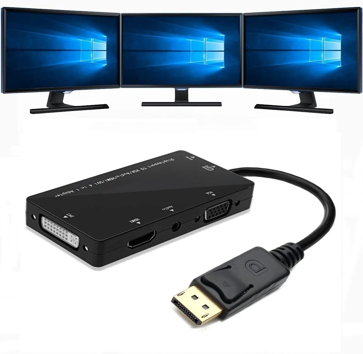 

4-in-1 Multi-Function Displayport to Hdmi/Dvi/Vga 1080P Adapter Male to Female Converter Supports 3 Monitors Simultaneously