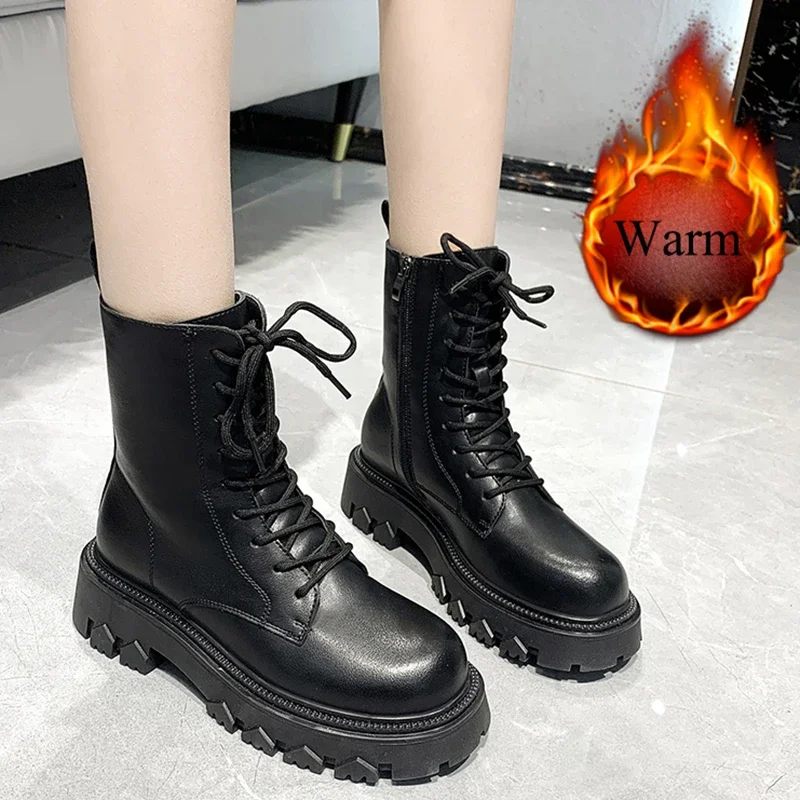 Warm Short Plush Women Winter Shoes 2025 Black Womens Lace Up Platform Ankle Boots Pu Leather Thick Heel Motorcyle Shoes