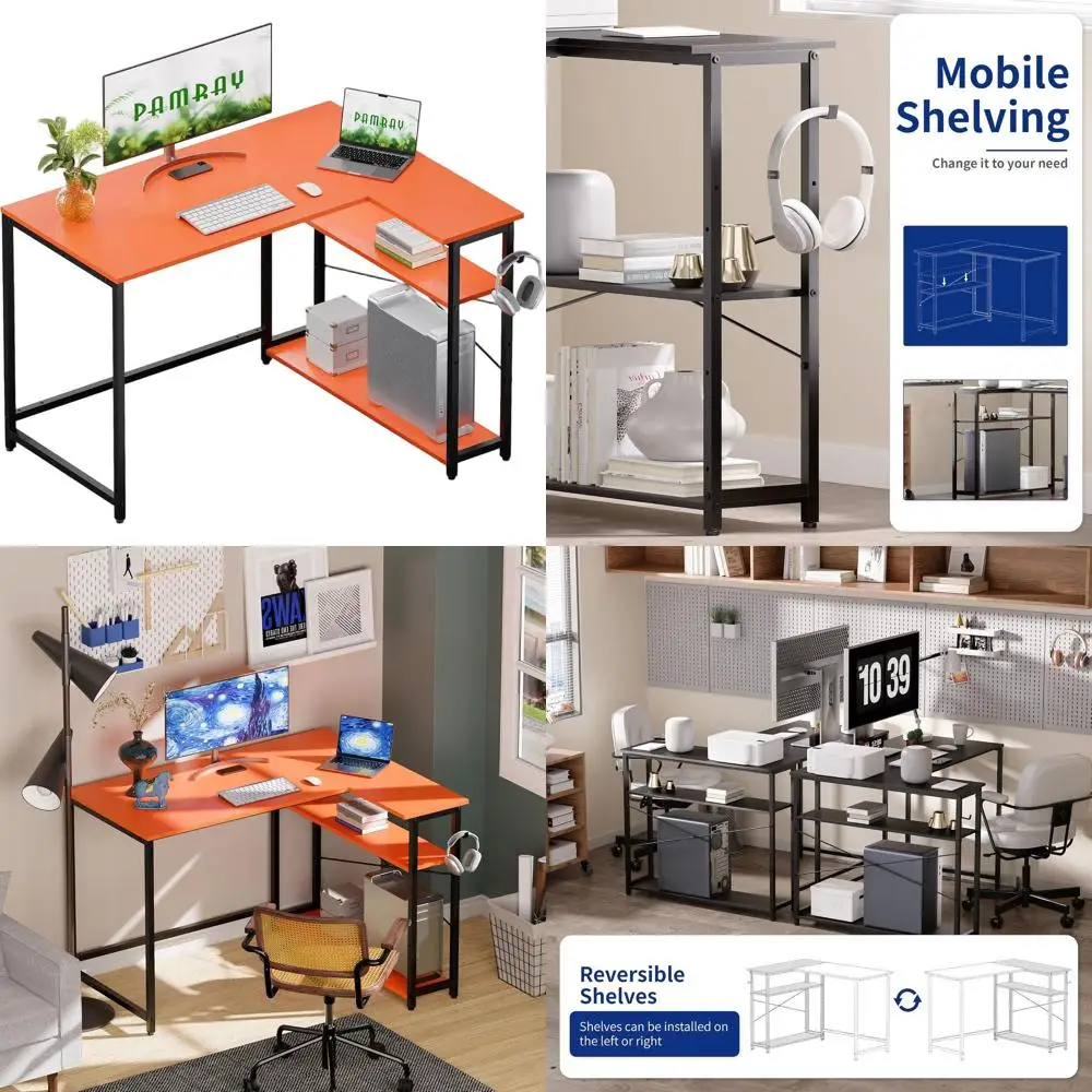 

Угловой стол L-образной формы 43 с переставными полками для небольших помещений: идеально подходит для домашнего офиса, кабинета или спальни, оранжевый цвет