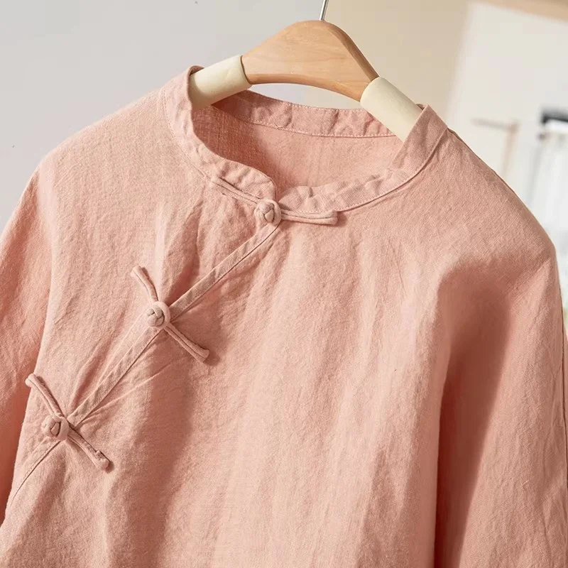 New Minimalist Retro Top with Handmade Buckle - Buddha Inspired Loose Fit Tee | Chinese Style Women's Casual Wear W2215