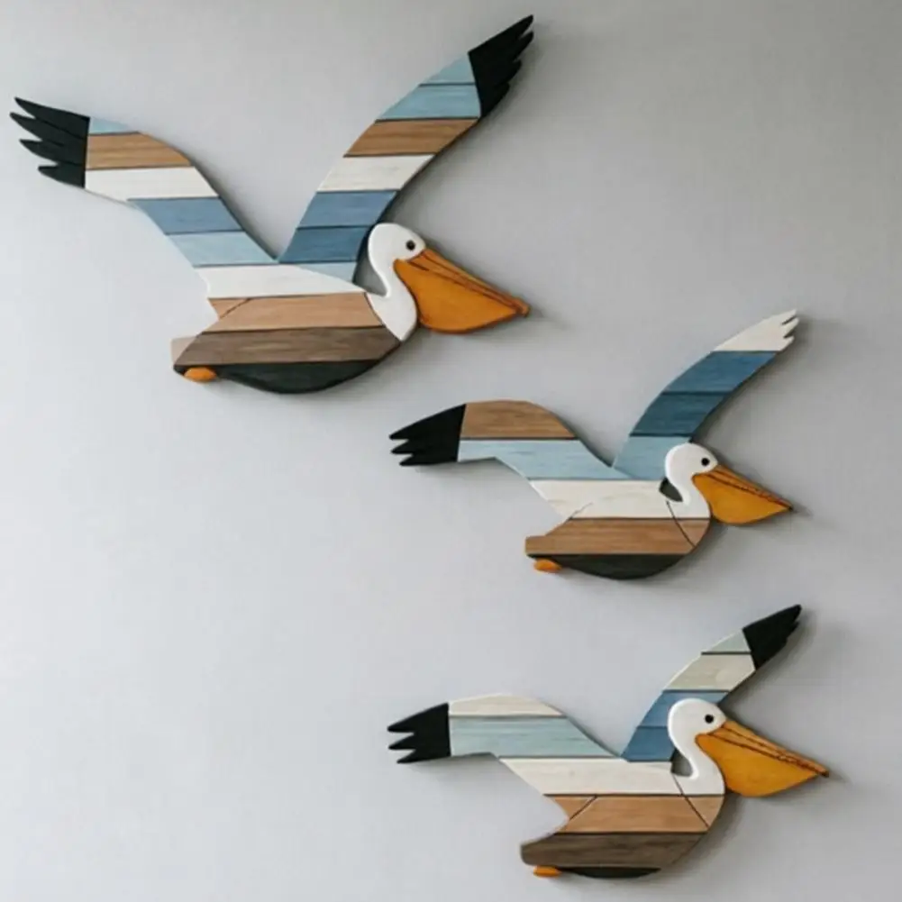 2026 Bird Wall Art 3 Pcs Pelican Wall Art Wooden Flying Bird Wall Hanging Decor Nautical Rustic Beach Walls Sculpture for Living