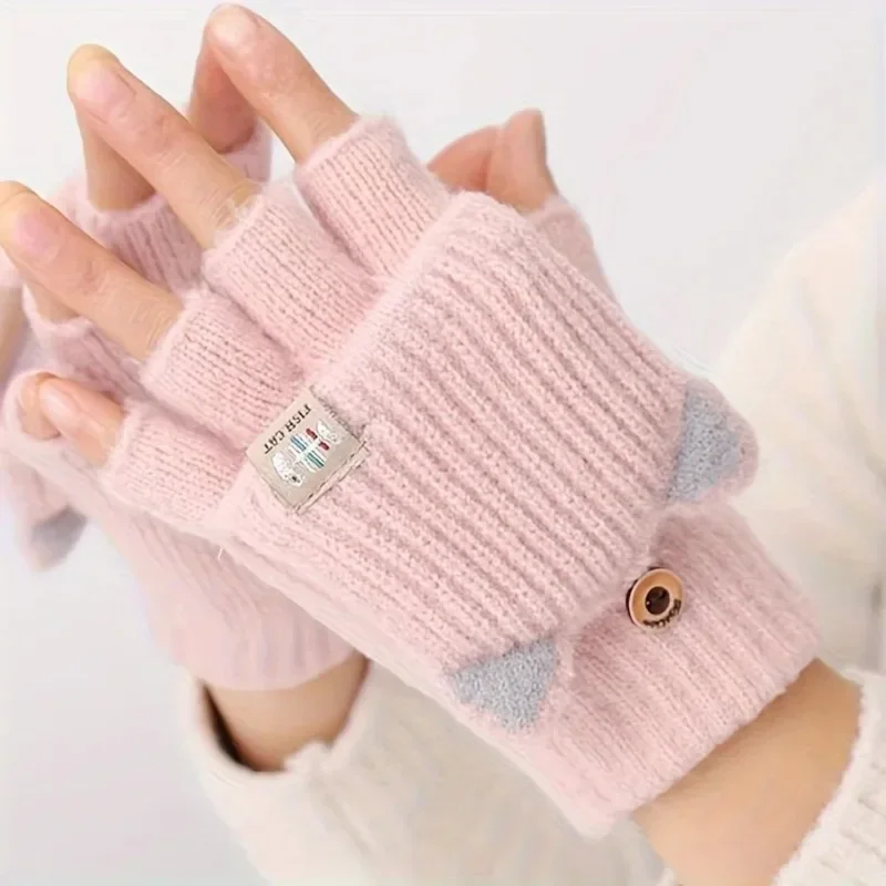 Women's cat ear convertible fingerless gloves, winter warm gloves, elastic fit design, fashionable and warm cat ear gloves