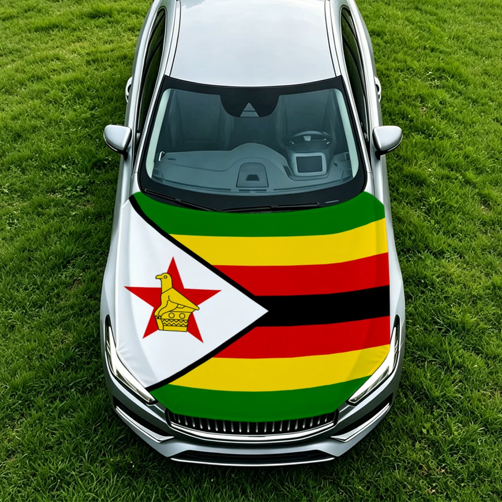 3.8x5.3ft Zimbabwe Car Hood Cover Flag Car Bonnet Banner Elastic Fabrics Windproof Patriotic Automotive Hood Covers