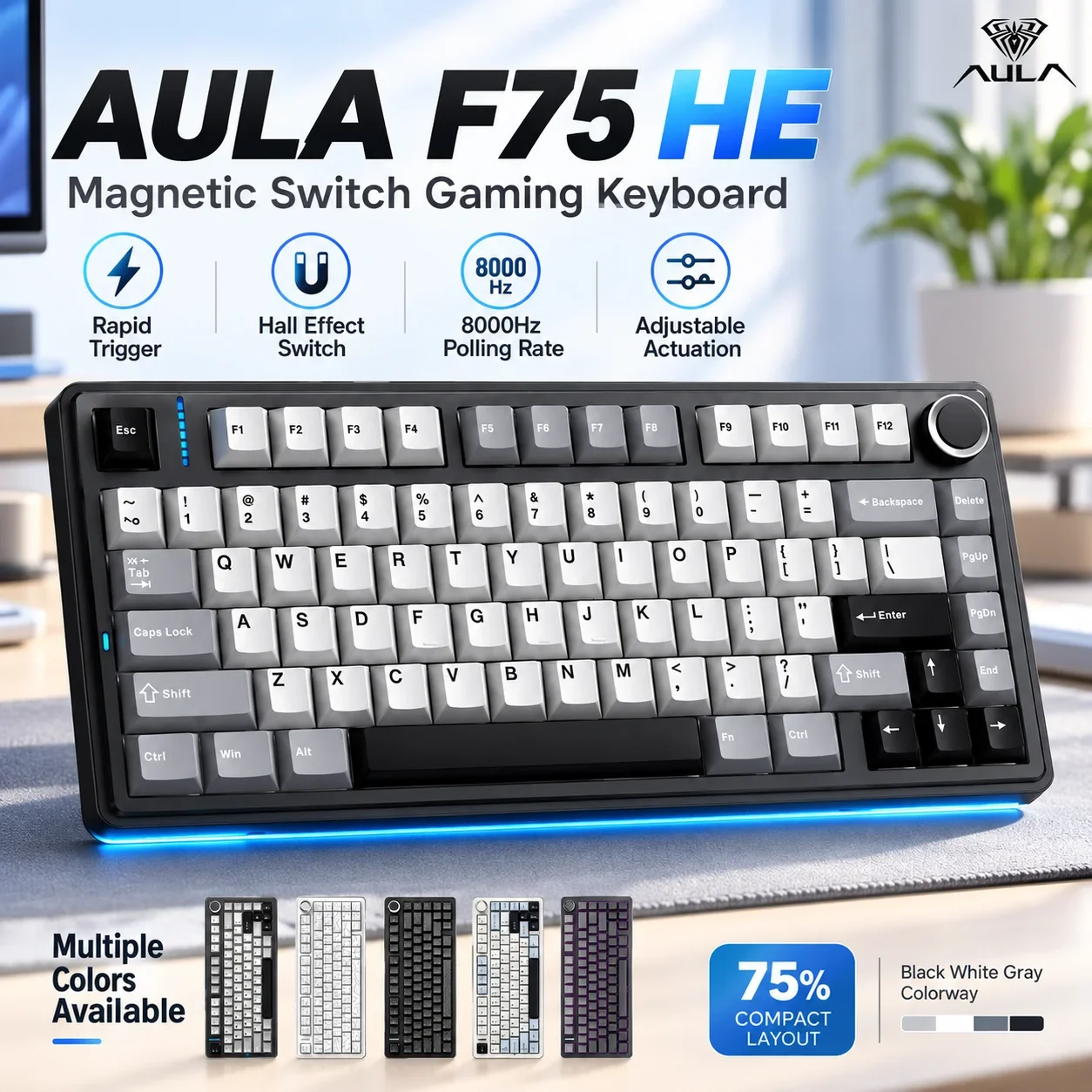 AULA F75 HE Magnetic Gaming Keyboard Hall Effect Switch Rapid Trigger 8000Hz Polling Rate RGB Mechanical Keyboard PC Gamer