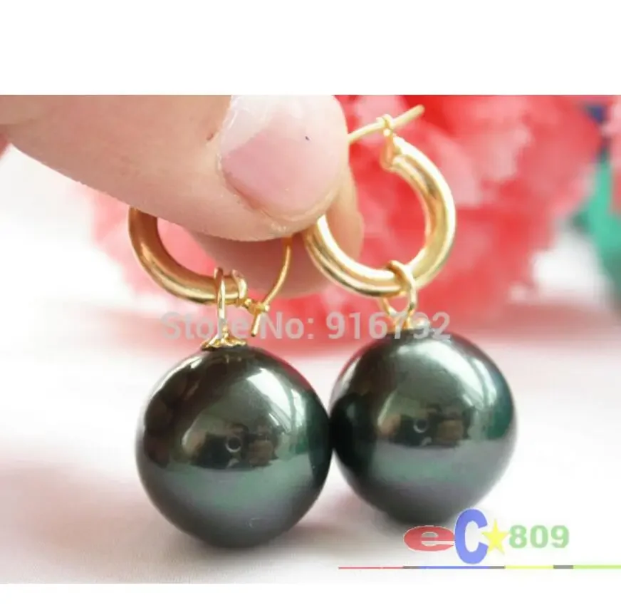 

Wholesale 14MM TAHITIAN BLACK ROUND SOUTH SEA SHELL PEARL DANGLE EARRING