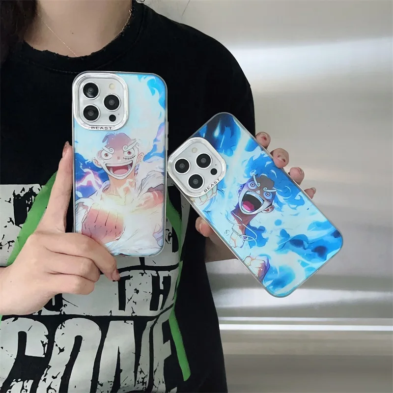 Cute Anime O-One Piece Luffy Aurora Case For iPhone 15 14 13 12 11 Pro Max Plating Lens Shockproof Silicone Bumper Cover Fundas