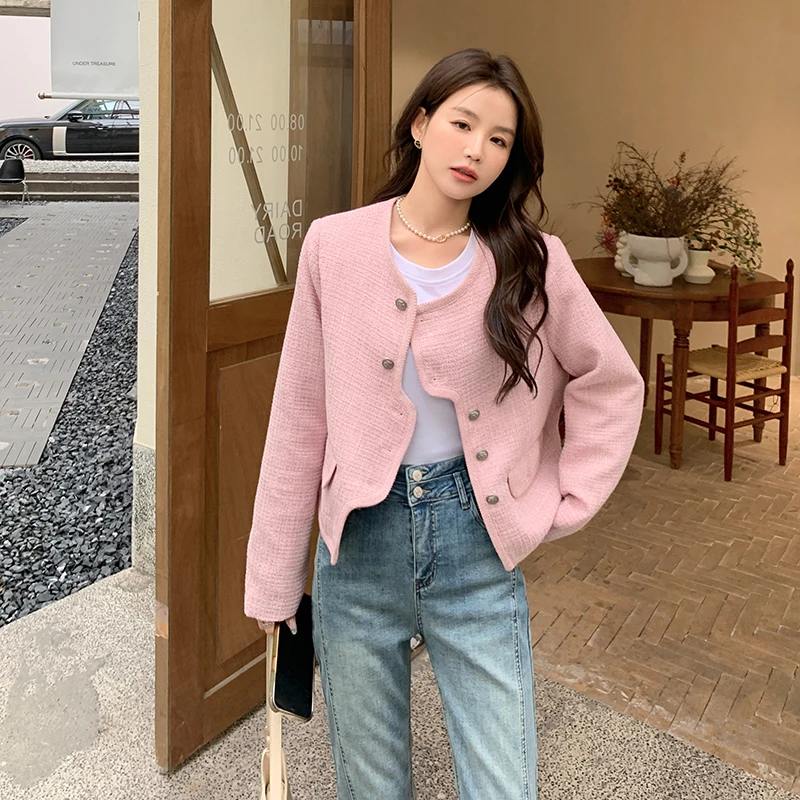 

Vintage Elegant Pink Jacket Outerwear 2023 Spring Women Clothes Irregular Placket Loose Korean Style Casual Short Coat Girl 5861