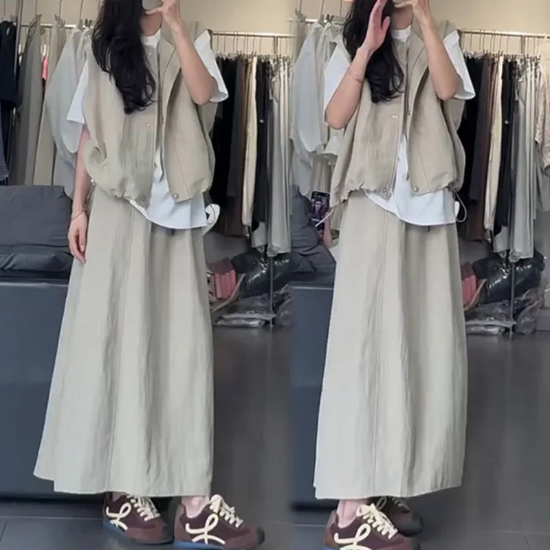 

Spring and Summer New Korean Versatile Loose Sleeveless Vest+high Waisted Skirt Two-piece Set