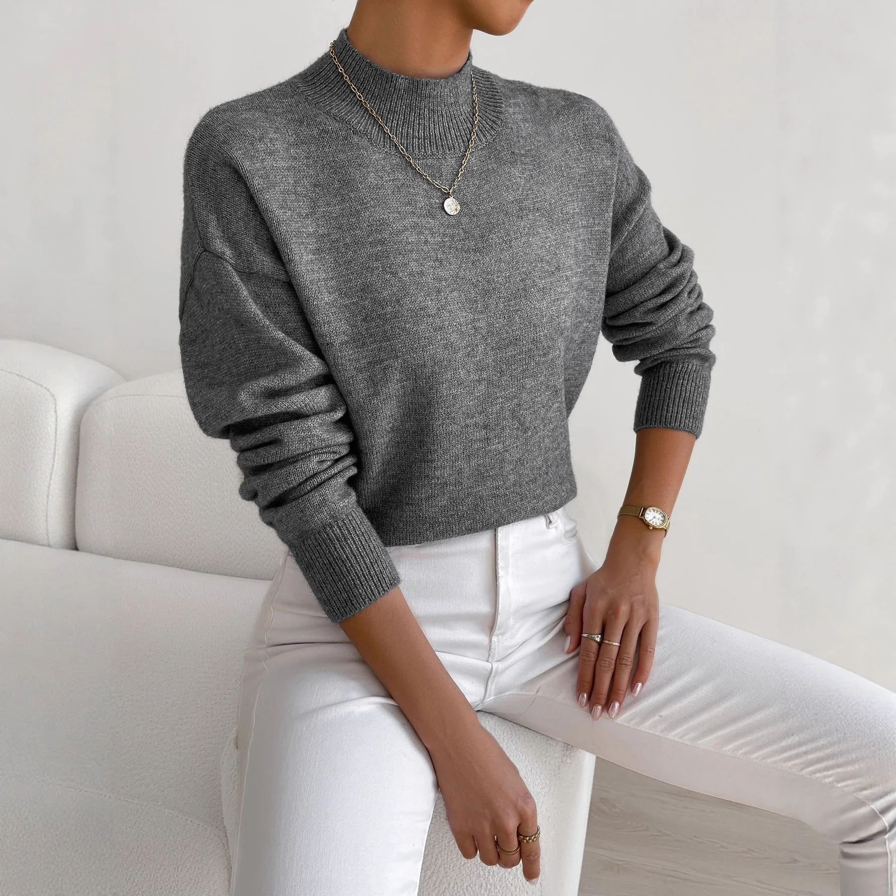 

Women Pullovers Tops Autumn And Winter Semi High Neck Pullover Long Sleeve Sweater Women's Fashion Solid Color Loose Knit Top
