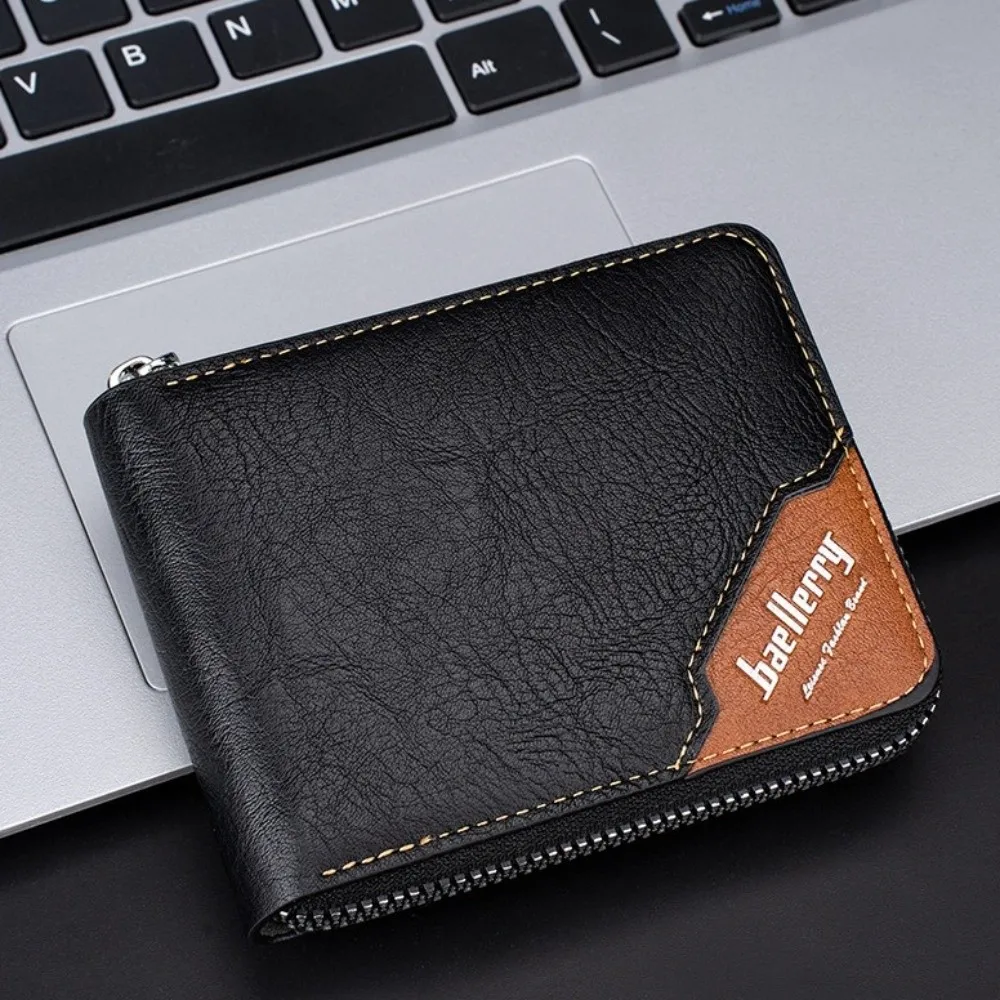 

Leather Men's Short Wallet English Letter Zipper Card Bag Anti-theft Cash Bag Urban Recreational Style Credit Card Case
