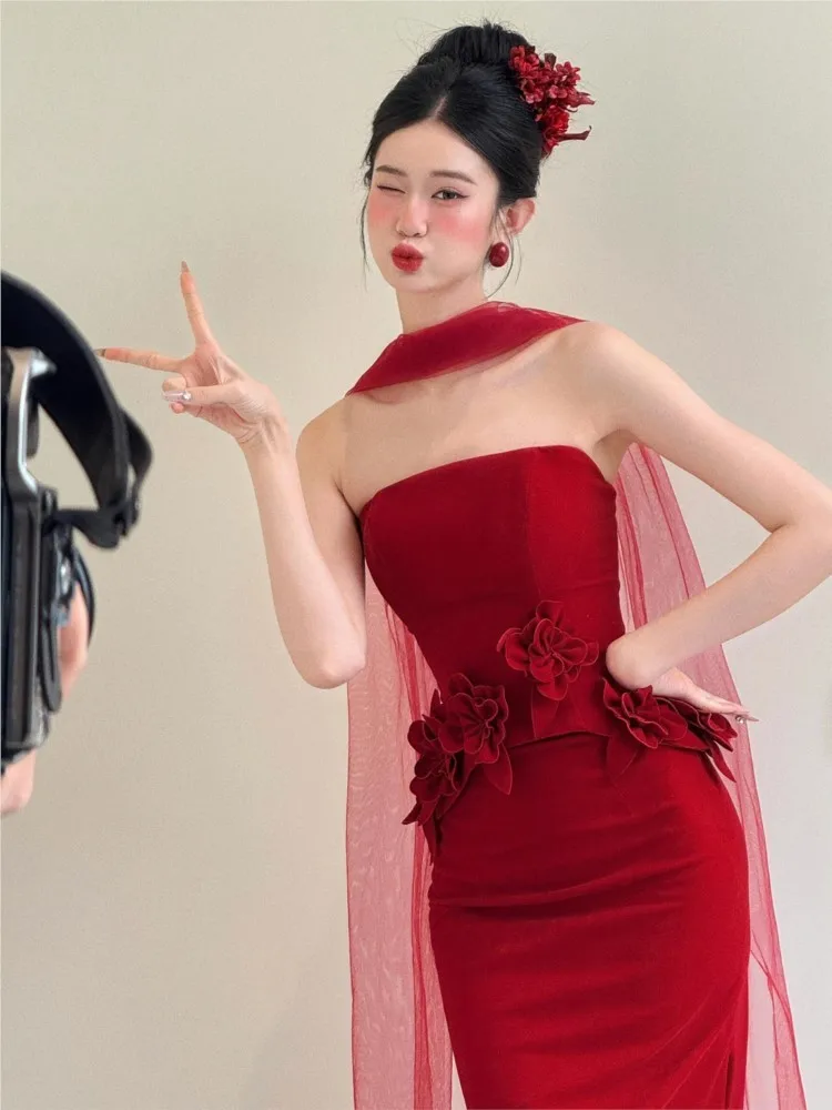 

Fish-tail toasting morning gown red strapless fashionable banquet dress