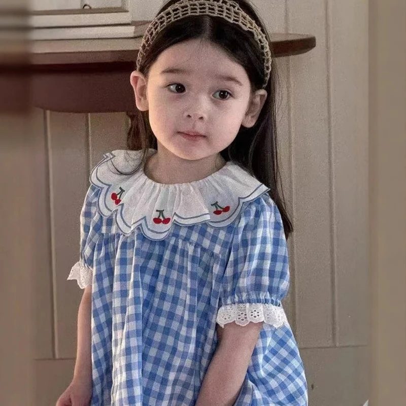 

Girls' Sweet Lantern Shorts Two-Piece Set 2025 Summer New Arrival Cherry Checkered Doll Shirt Outfit