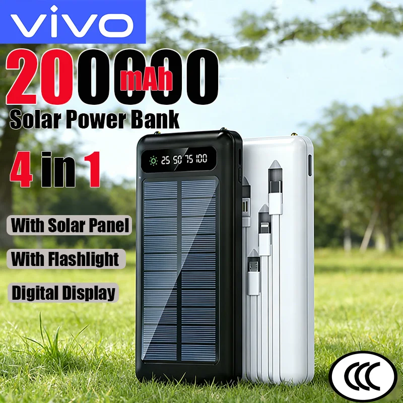 

Солнечный внешний аккумулятор VIVO 200000 мАч с быстрой зарядкой, 4 кабелями 4-в-1, фонариком, большой емкостью для iPhone, Samsung, Huawei