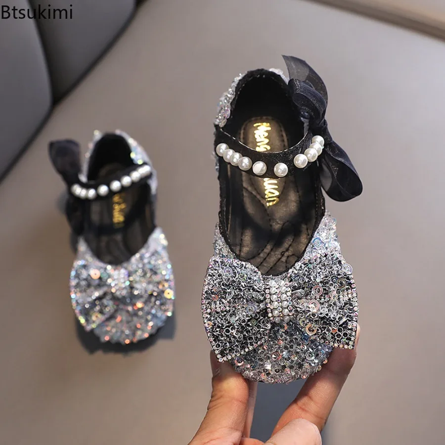 Toddler Girl's Princess Shoes Sequins Lace Bowknot 21-36 Children Mary Janes Four Colors Luxury Trendy Party Kids Shoes Flats