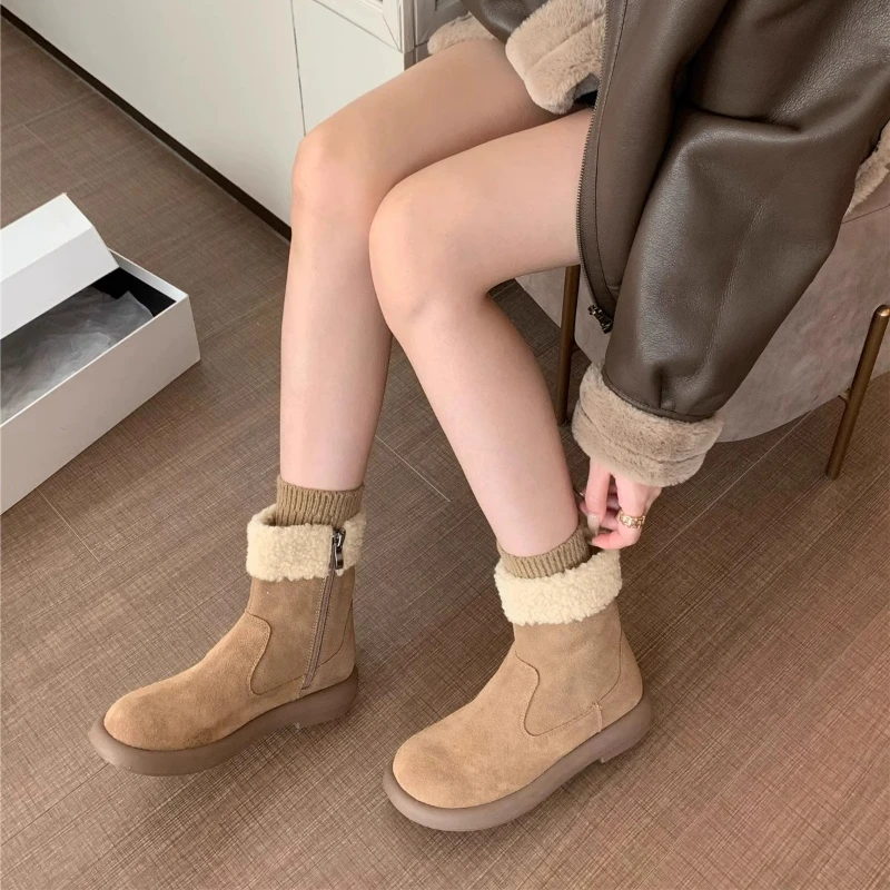 

2025 New Fall/Winter Platform Snow Boots Low Heel Plush Thick Round Toe Cotton Shoes Thermal Booties Fashion Side Zipper