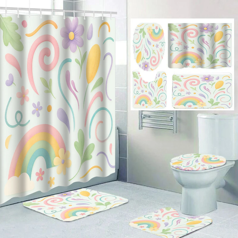 

4/1 Geometric Flower Shower Curtain Set, including Toilet Seat Decoration, Carpet, and Toilet Cover, Size 70.8x70.8 inches