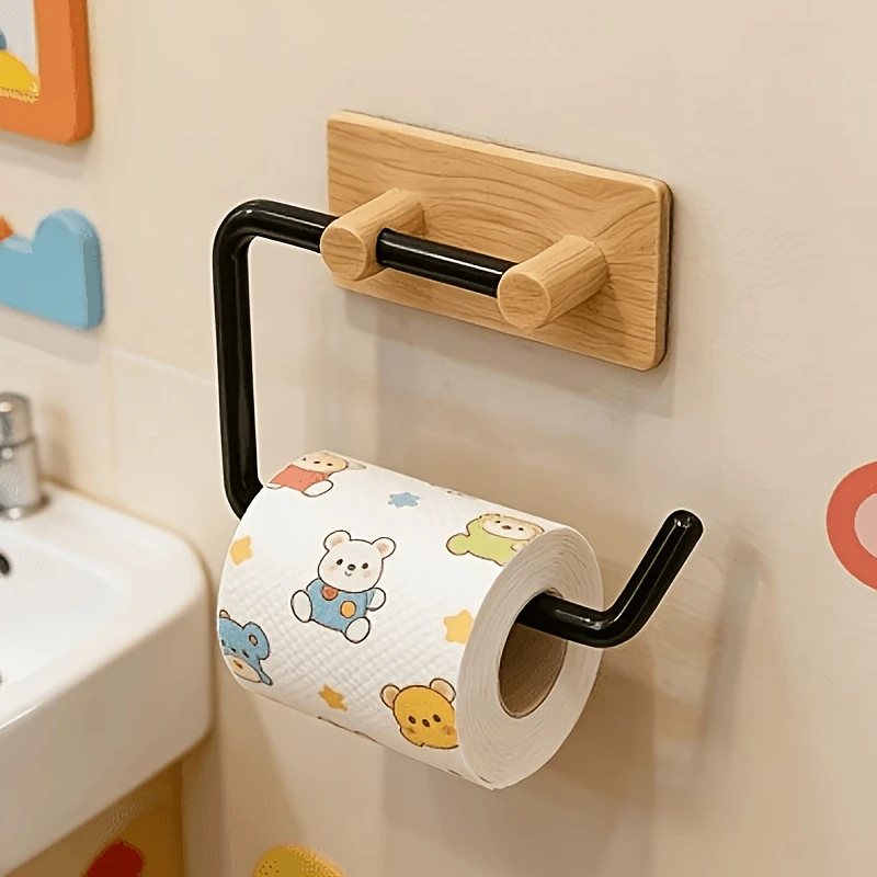 5PCS modern wall mounted toilet paper holder with wood grain technology, non perforated self-adhesive tissue holder