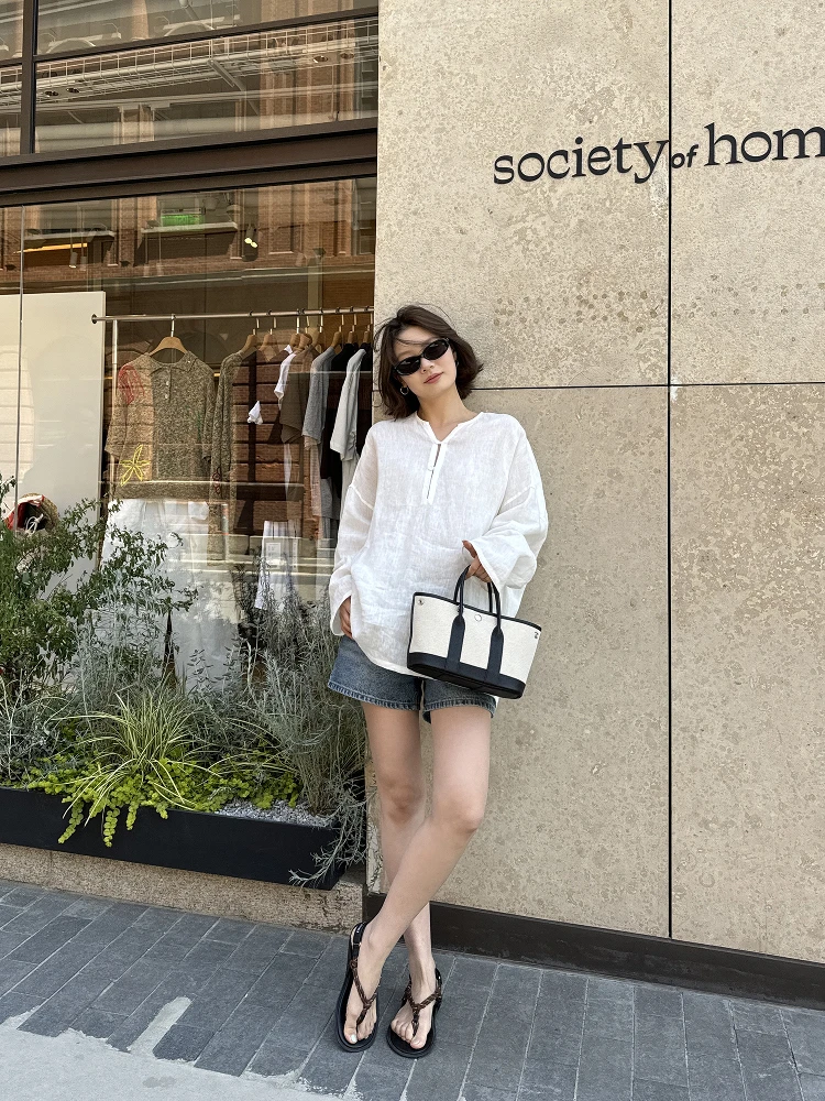 

White Linen irt Women's Loose Lightweight Summer Long Sve New Chinese Sle Top Le Alfaionline Commute Sle V-ne