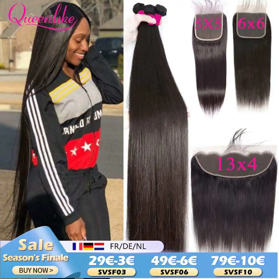 Queenlike 5x5 Lace Closure With Bundles Brazilian Weave 30 40 Inch Straight Human Hair Bundles With 6X6/13X4 Frontal Closures