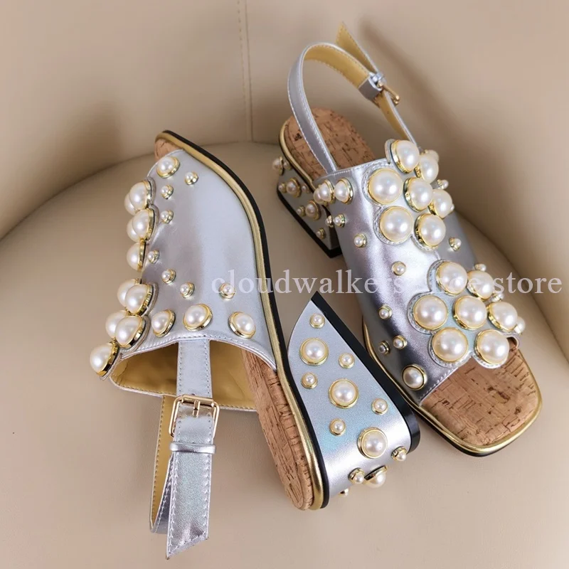 

Elegant Pearl String Bead Embellished Square Toe Chunky Heel Sandals Unique Slingback Back Strap Gladiator Sandals Party Shoes